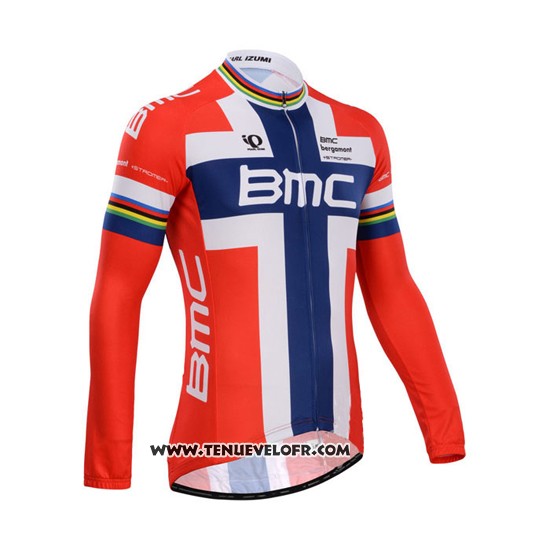 2014 Maillot Ciclismo BMC Champion Norvege Bleu et Rouge Manches Longues et Cuissard